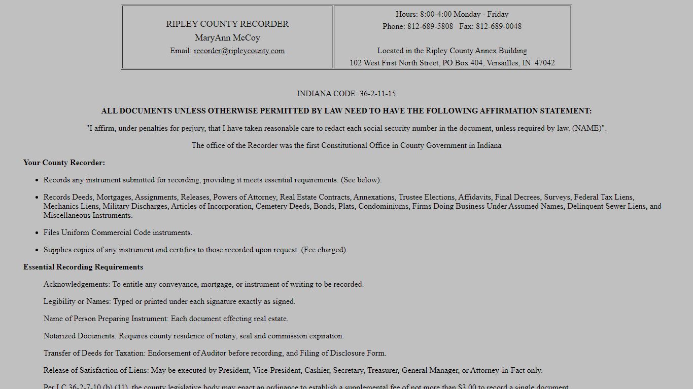 RIPLEY COUNTY Recorder